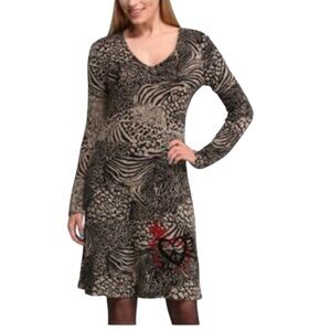 Desigual Boho Chic Artsy Long Sleeve V Neck Knit Fit & Flare Dress Large Tan